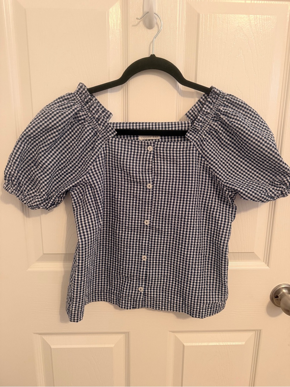 Copper Key Navy and White Gingham Puff-Sleeve Button Front Top